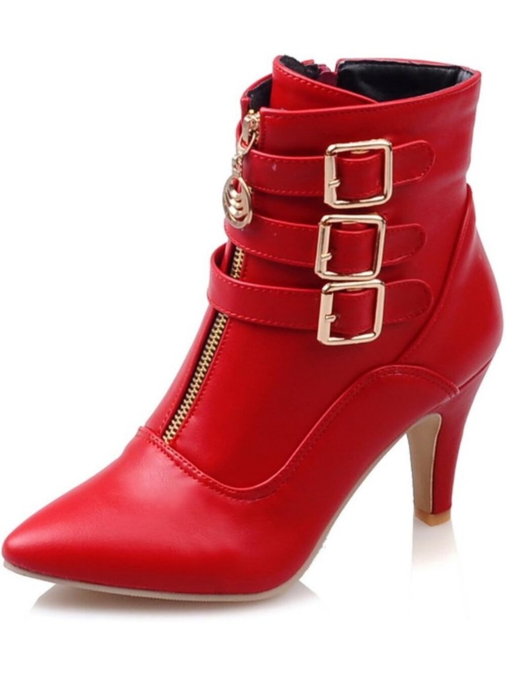 Women's Buckle Red High Heels Pointed Toe Ankle Short High Heel Metallic Booties